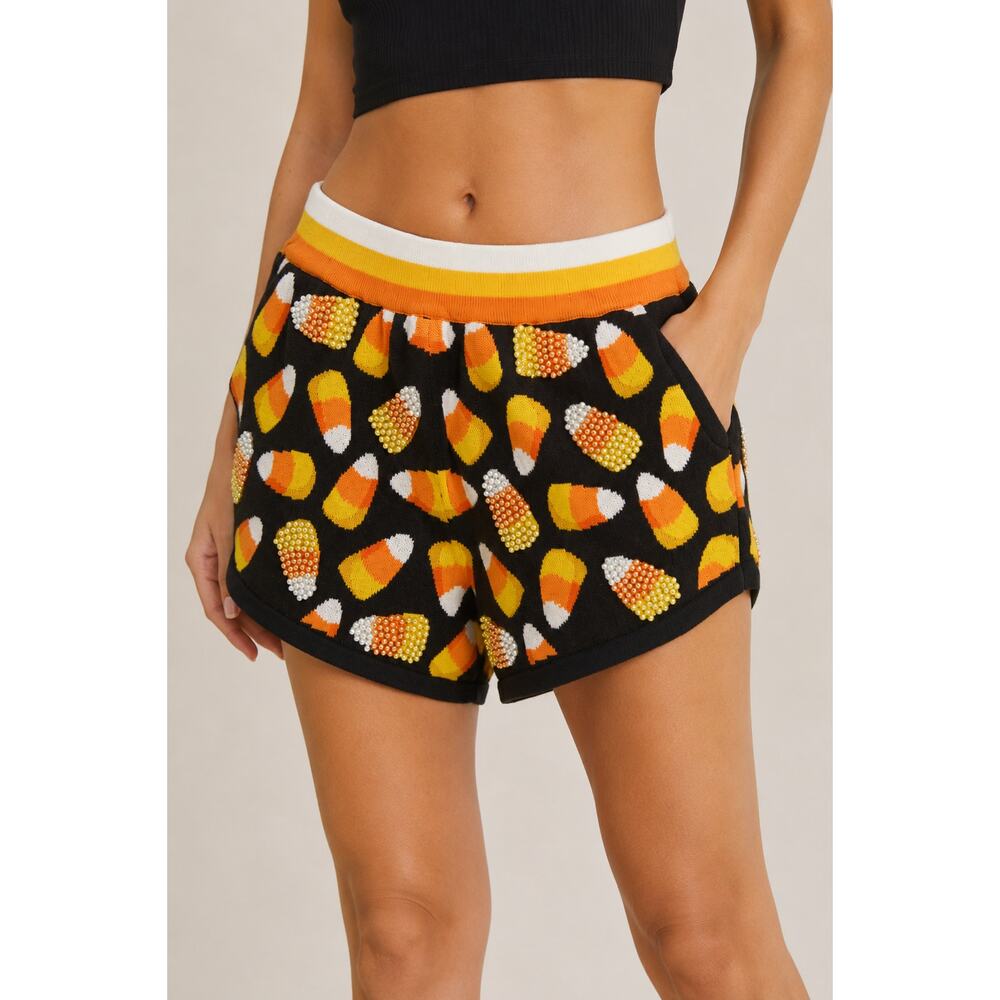 Queen of Sparkles Candy Corn Rhinestone Knit Shorts XS Halloween Lounge Shorts - Picture 9 of 9